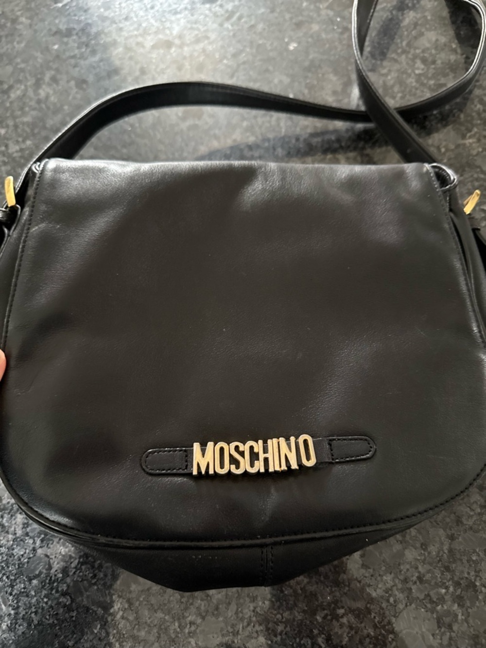 VINTAGE Moschino Black Leather Crossbody with Gold Lettering